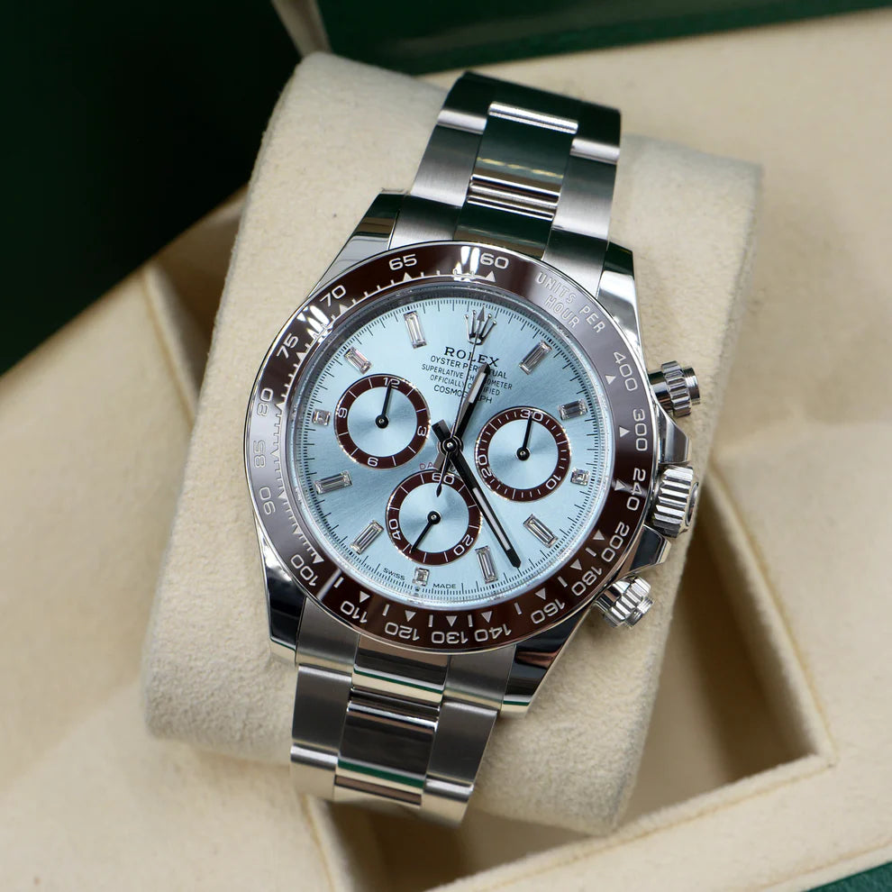 Rolex Cosmograph Daytona 116506 — 950 Platinum | Ice Blue Diamond Dial | Chestnut Brown Cerachrom Bezel | Full Set