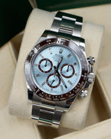 Rolex Cosmograph Daytona 116506 — 950 Platinum | Ice Blue Diamond Dial | Chestnut Brown Cerachrom Bezel | Full Set