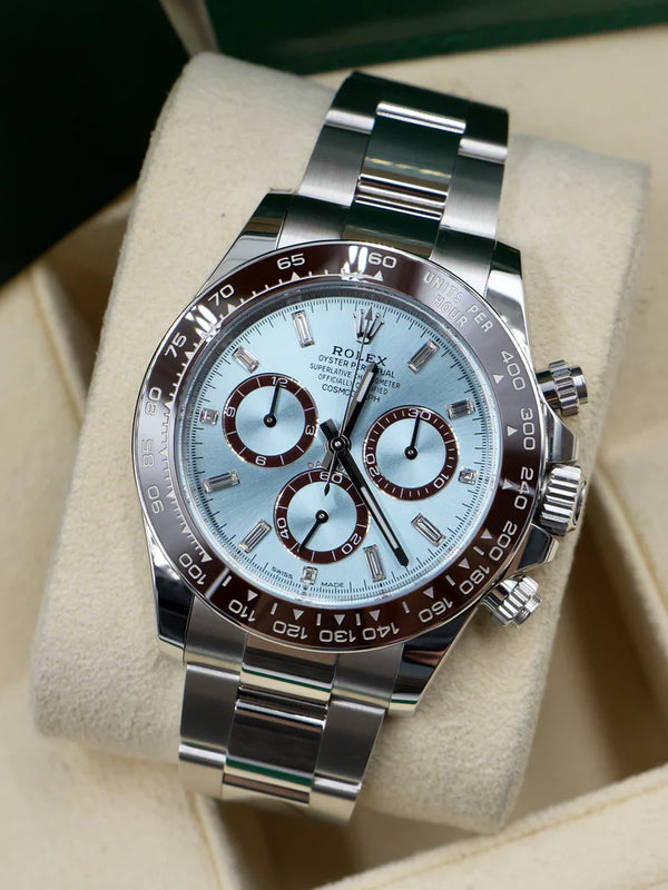 Rolex Cosmograph Daytona 116506 — 950 Platinum | Ice Blue Diamond Dial | Chestnut Brown Cerachrom Bezel | Full Set