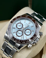 Rolex Cosmograph Daytona 116506 — 950 Platinum | Ice Blue Diamond Dial | Chestnut Brown Cerachrom Bezel | Full Set