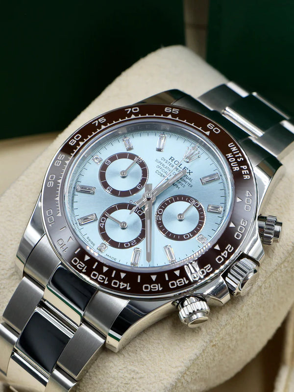 Rolex Cosmograph Daytona 116506 — 950 Platinum | Ice Blue Diamond Dial | Chestnut Brown Cerachrom Bezel | Full Set