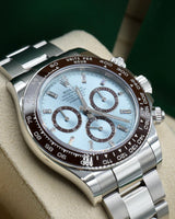 Rolex Cosmograph Daytona 116506 — 950 Platinum | Ice Blue Diamond Dial | Chestnut Brown Cerachrom Bezel | Full Set