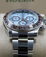 Rolex Cosmograph Daytona 116506 — 950 Platinum | Ice Blue Diamond Dial | Chestnut Brown Cerachrom Bezel | Full Set
